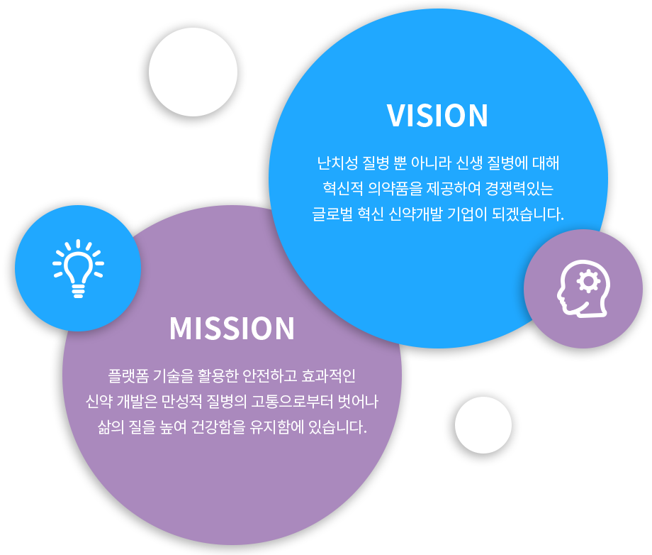 visoin - 난치성 질병 뿐 아니라 신생 질병에 대해 혁신적 의약품을 제공하여 경쟁력있는 글로벌 혁신 신약개발 기업이 되겠습니다. mission - 플랫폼 기술을 활용한 안전하고 효과적인 신약 개발은 만성적 질병의 고통으로부터 벗어나 삶의 질을 높여 건강함을 유지함에 있습니다.